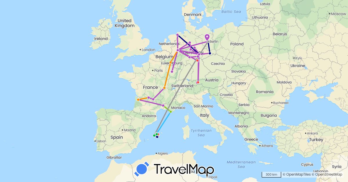 TravelMap itinerary: driving, bus, plane, cycling, train, hiking, boat, hitchhiking, electric vehicle in Austria, Germany, Spain, France, Luxembourg (Europe)